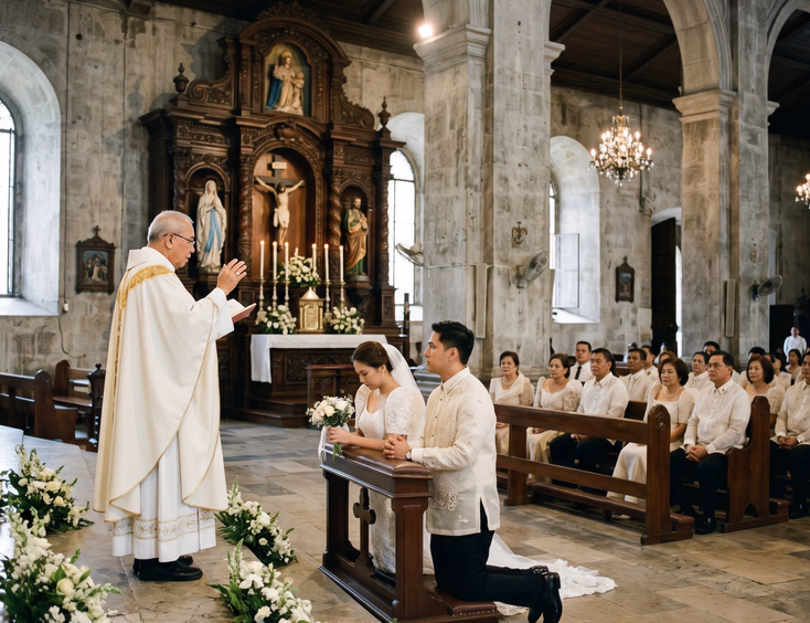 Filipino parish priest officiating a Catholic wedding ceremony with a couple kneeling at the altar of a historic Philippine church
