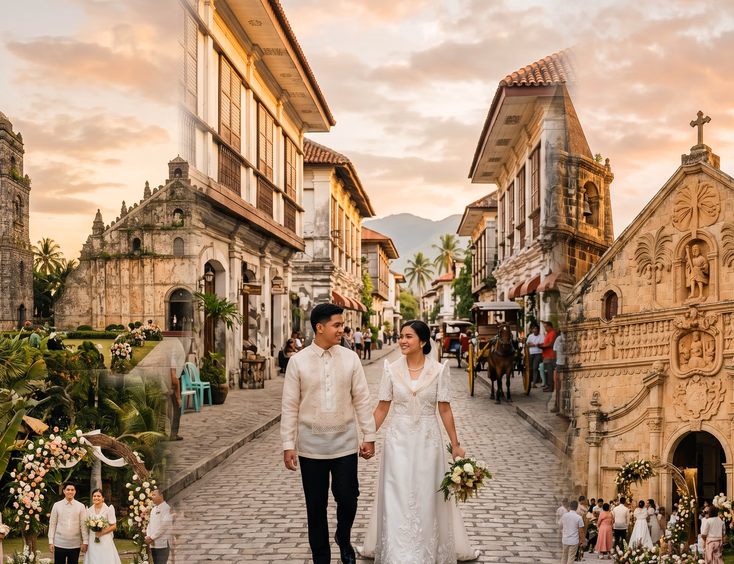 Filipino couple in Filipiniana wedding attire walking past Paoay Church, Calle Crisologo Vigan, and Miag-ao Church heritage wedding venues