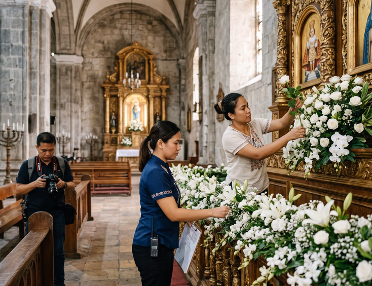Filipino wedding florist and coordinator arranging white flowers at a Spanish colonial church altar during pre-ceremony preparations in the Philippines
