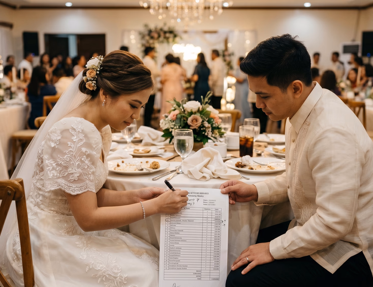 Filipino bride and groom reviewing a printed catering invoice together at a reception table, the bride circling a line item with a pen beside empty plates and used napkins after a food tasting