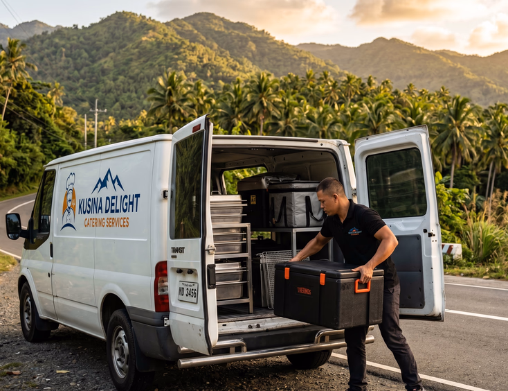 White catering van with open rear doors loaded with insulated food boxes by a Filipino staff member in a black polo shirt, parked on a scenic provincial road with palm trees and mountains in golden hour light