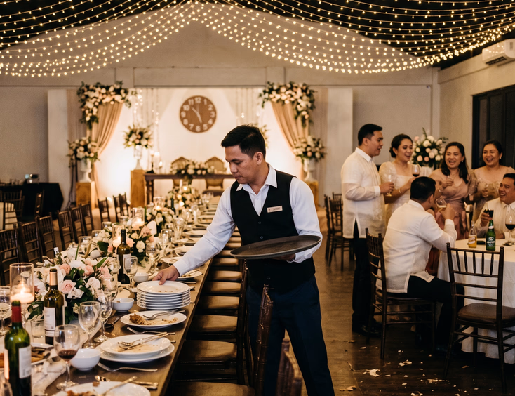 Filipino male waiter in a black vest clearing plates from a near-empty banquet table at 11:45 PM while a small group of guests continues chatting under warm string lights at the end of a wedding reception