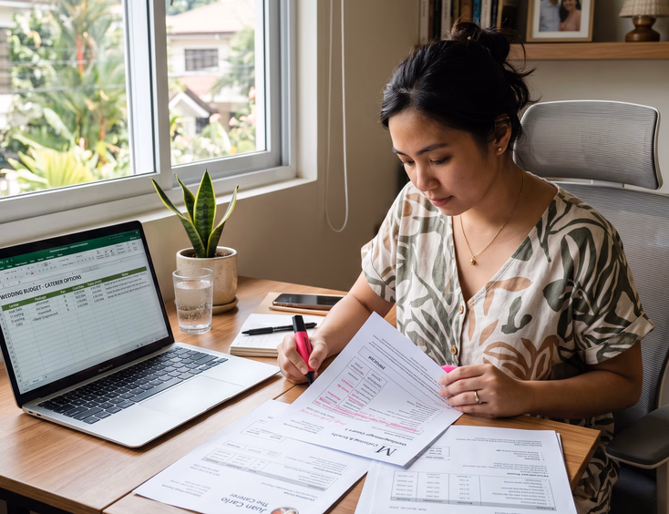 Filipino bride in casual clothes highlighting and comparing three printed catering quotes at a home office desk beside a budget spreadsheet on a laptop in bright morning natural light