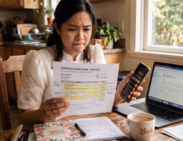 Worried Filipino bride reviewing a catering invoice with a phone calculator and laptop at a kitchen table.