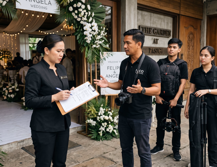 Filipino wedding coordinator checking a clipboard while a videographer introduces additional crew assistants at a venue.