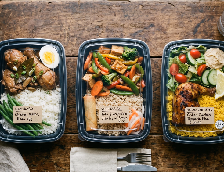Flat lay of Filipino crew meals including chicken adobo, vegetarian tofu, and halal-certified options with labels.