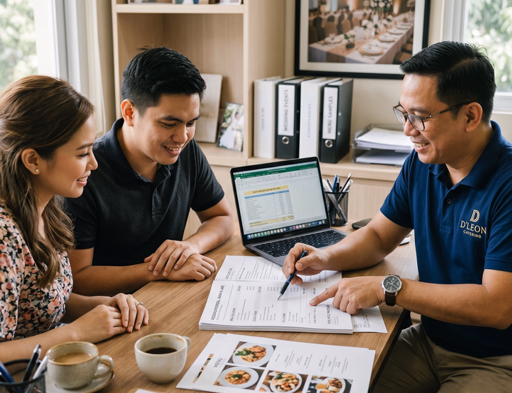Filipino couple and caterer reviewing a detailed price quote and menu inclusions at a modern office desk.