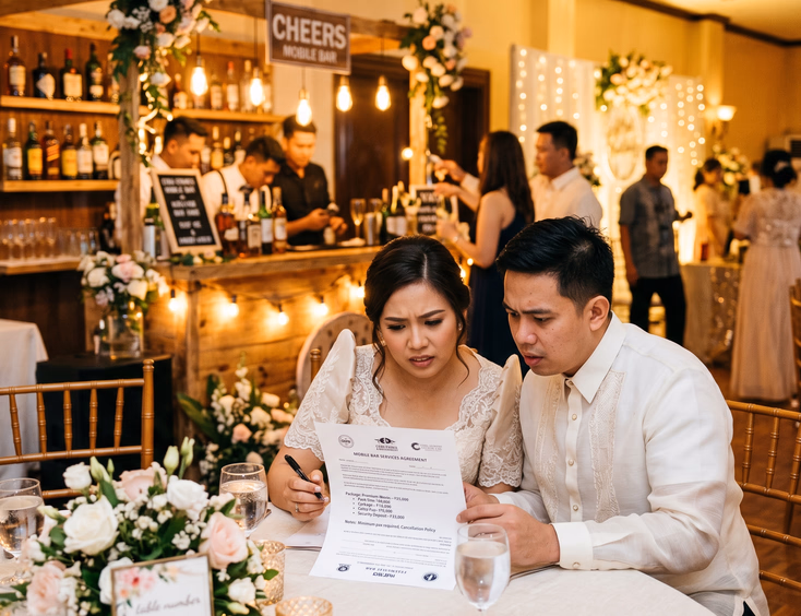 Filipino couple reviewing a mobile bar contract with worried expressions at a reception table in front of a decorated wooden bar station under warm string lights in a Philippine banquet hall