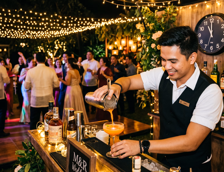 Filipino bartender pouring a late-night cocktail behind a mobile bar station with a wall clock reading 11:45 PM as wedding guests dance under string lights in an outdoor garden venue