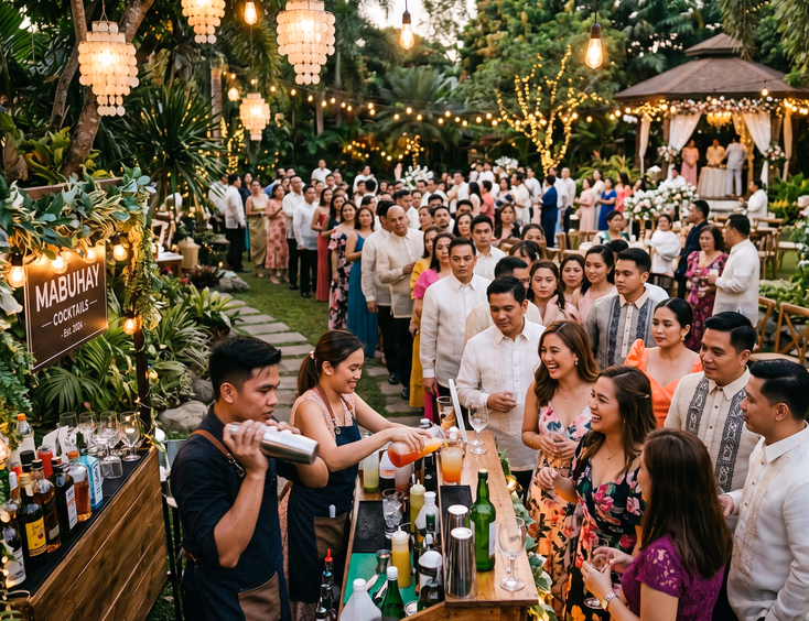Long line of Filipino wedding guests in barong tagalog and cocktail dresses crowding a mobile bar station as two bartenders serve drinks at full speed under festive hanging lanterns