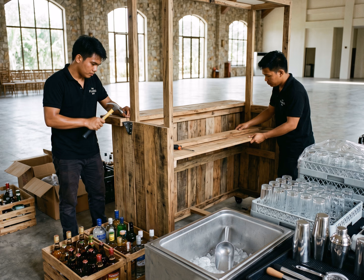 Two Filipino mobile bar crew members assembling a rustic wooden bar station inside an empty wedding venue with bottles, bar tools, and glassware spread across the floor before the event