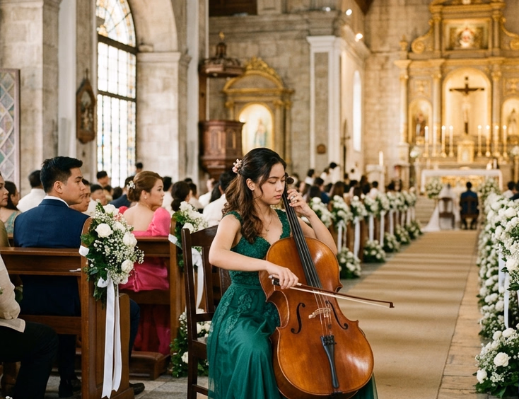 Filipino female cellist in an emerald green gown playing at the center aisle of a grand Catholic church during a wedding ceremony with floral pew accents and seated guests