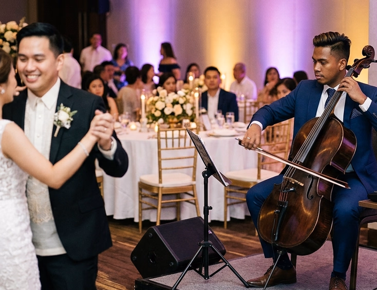 Filipino male cellist in a navy blue suit performing with a loop pedal at a modern wedding reception while a Filipino couple shares their first dance in the foreground