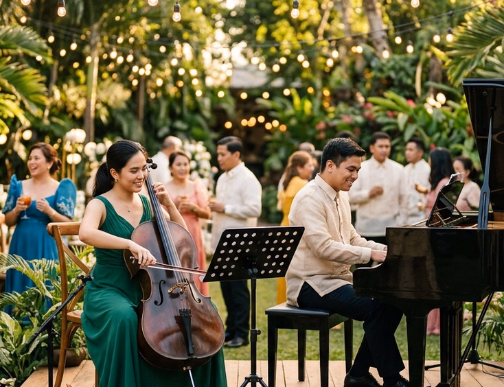 Filipino female cellist and male pianist performing together on a wooden stage at a garden wedding cocktail hour with string lights and tropical greenery