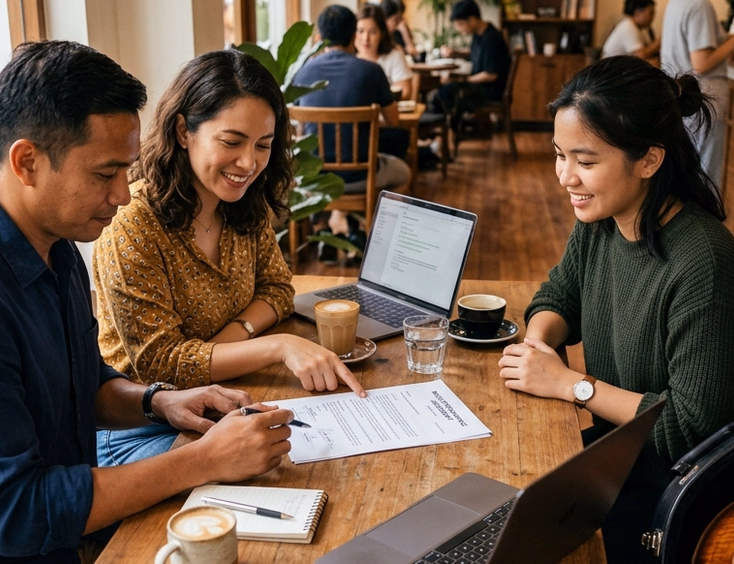 Filipino couple reviewing a printed contract with a female cellist at a coffee shop with a cello case resting beside the table