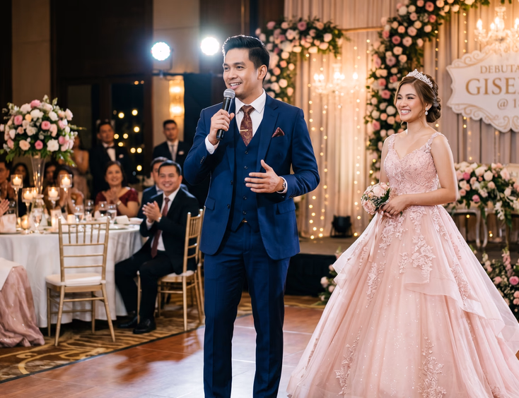 Filipino male host in a navy suit holds a microphone mid-speech beside a smiling debutante in a pink gown on a spotlit ballroom stage.