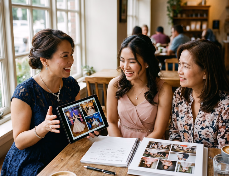 Female Filipino host reviews a digital portfolio on a tablet with a debutante and her mother at a sunlit coffee shop table.