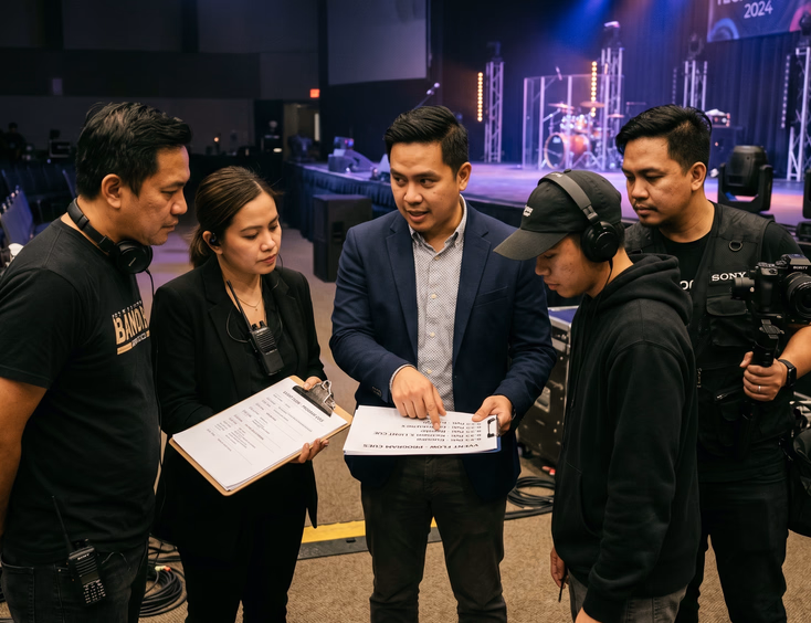 Filipino event host coordinates with the DJ, band leader, and videographer during a pre-show huddle, pointing to a program flow.