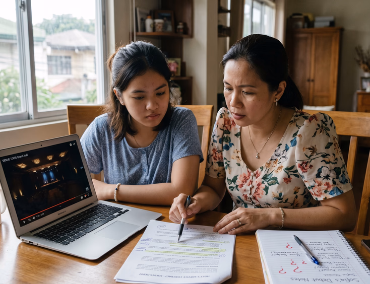Concerned Filipina debutante and her mother evaluate a host's contract and audition video on a laptop at a home dining table.