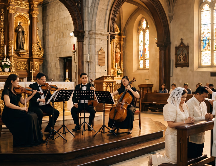 A Filipino string quartet performs in a heritage church during a Catholic wedding anniversary blessing.