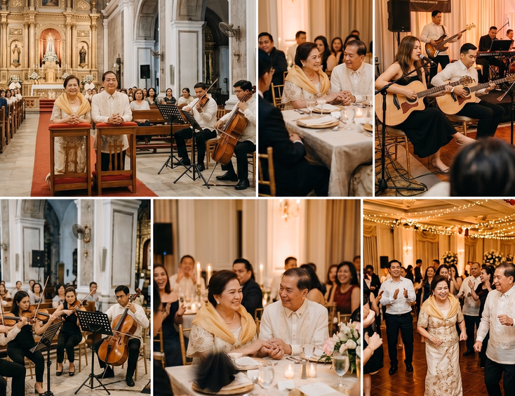 Split image showing a string quartet, acoustic duo, and live band at a Filipino anniversary celebration.