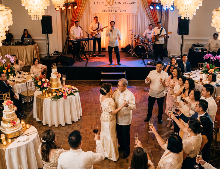 A Filipino live band performs at an anniversary reception while the celebrated couple dances.