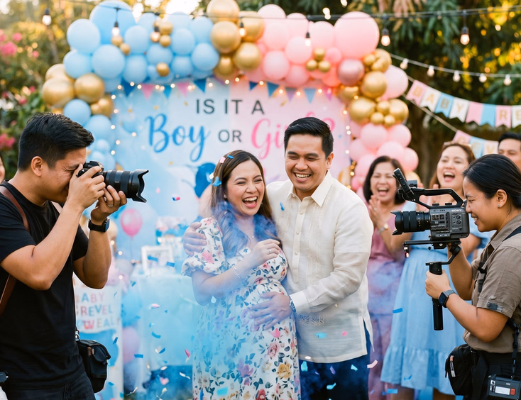 A Filipino photographer and videographer capture a candid, emotional moment as an expectant couple reacts to a gender reveal in a festive party.