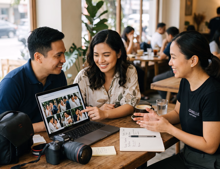 An expectant Filipino couple reviews a photographer's portfolio of gender reveal reactions on a laptop in a professional consultation.