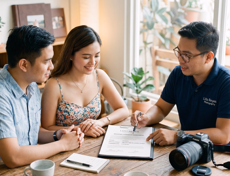 A Filipino couple and a photographer review a coverage agreement for their gender reveal party, which lists hours and turnaround time.