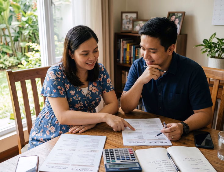 A Filipino couple compares photo and video package options for their gender reveal party, using a calculator and spreadsheets to decide.