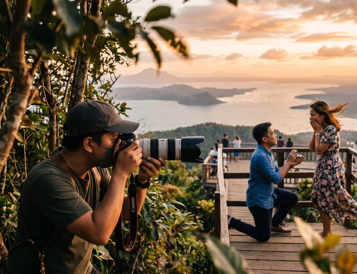 A hidden Filipino proposal photographer uses a telephoto lens to capture a man proposing to his surprised partner at golden hour.