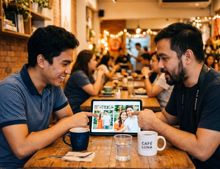 A young Filipino man reviews a professional photographer's portfolio on a tablet at a cozy cafe table, discussing sample proposal photos.