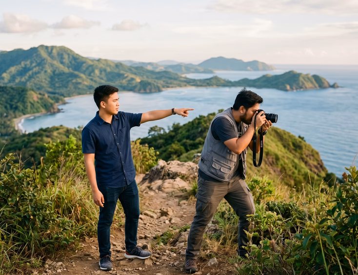 A Filipino man and a photographer conduct a walk-through at an outdoor proposal venue, planning camera angles in soft afternoon light.