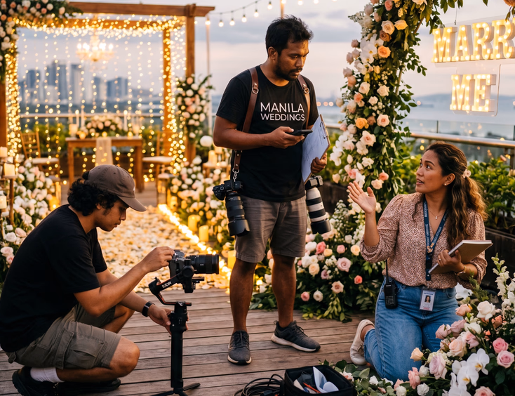 A Filipino proposal planner and photographer coordinate an elaborate decorated setup with flowers and lights in the warm evening.