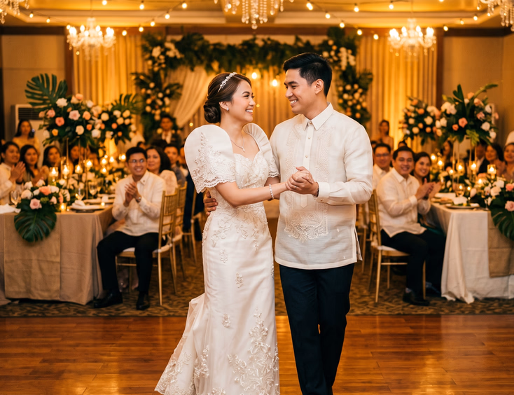 Filipino bride and groom sharing their first dance in matching traditional Filipino wedding attire under warm chandelier lighting at an indoor reception venue with guests visible in the soft background
