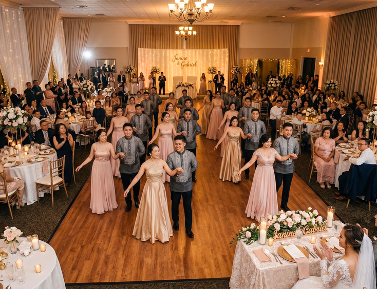 Wide shot of a Filipino wedding cotillion de honor with formally dressed entourage members performing on the dance floor while the bride and groom watch from their sweetheart table in a decorated banquet hall