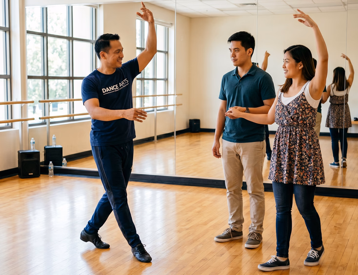Filipino couple in a dance studio mimicking a waltz step demonstrated by their Filipino dance instructor, with wooden floors, wall mirrors, and natural daylight through large windows