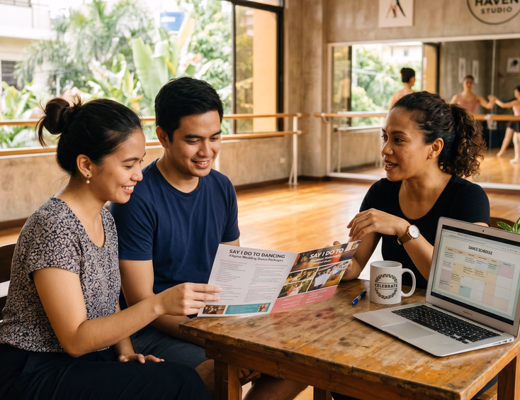Filipino couple reviewing a printed dance package brochure and laptop with a Filipino wedding choreographer at a small table inside a bright dance studio
