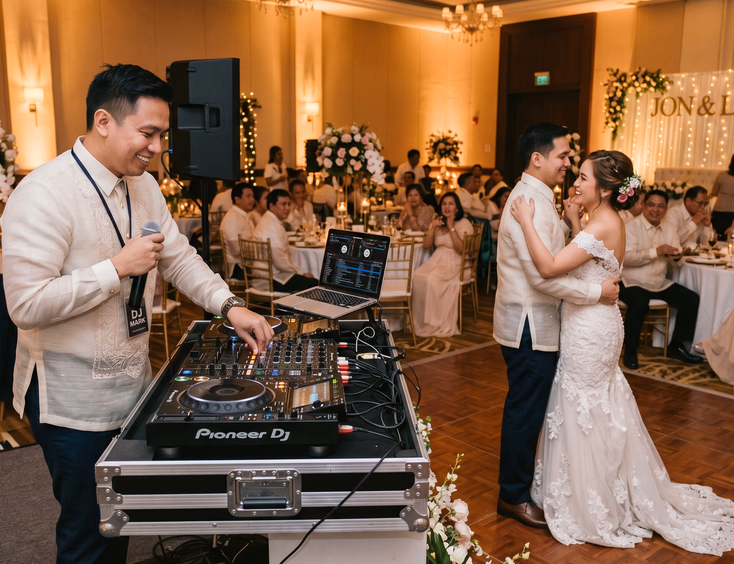 Filipino wedding DJ in barong tagalog performing at an elegant indoor wedding reception in the Philippines with newlyweds dancing on the floor
