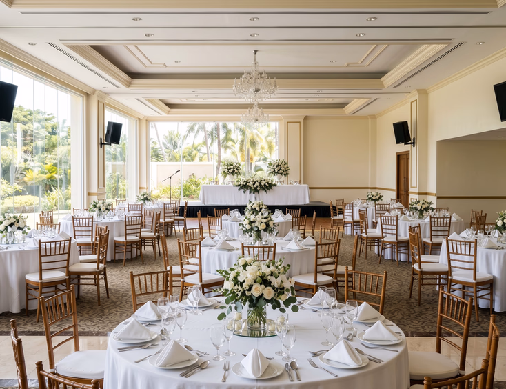 Empty hotel ballroom wedding reception setup in the Philippines with mounted wall speakers, microphone stand near the head table, and round tables with white linens and floral centerpieces