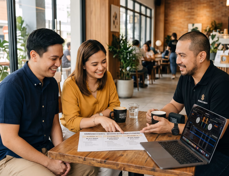 Filipino couple meeting with a wedding DJ at a coffee shop to review wedding DJ packages and pricing in the Philippines