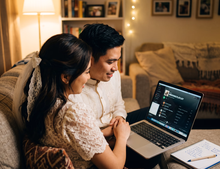 Filipino bride and groom reviewing wedding reception music playlist on a laptop together at home