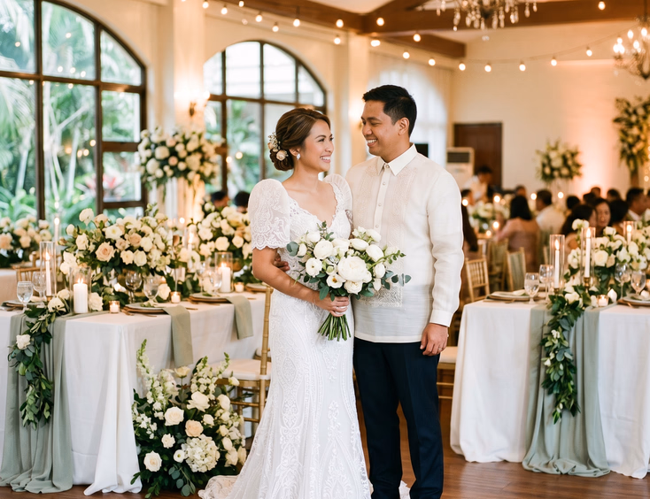 Filipino bride and groom at an elegant wedding reception venue in the Philippines with lush floral centerpieces, soft warm lighting, and a styled reception table with candles and greenery garlands