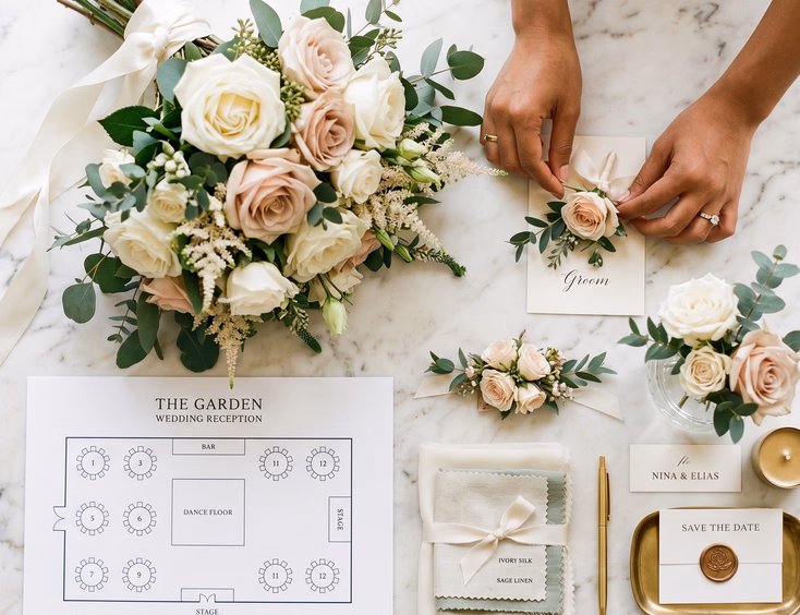 Flat lay of Filipino wedding styling elements on marble including a bridal bouquet of white and blush roses, boutonniere, corsage, fabric swatches, centerpiece mockup, and floor plan with a Filipino woman's hands adjusting the arrangement