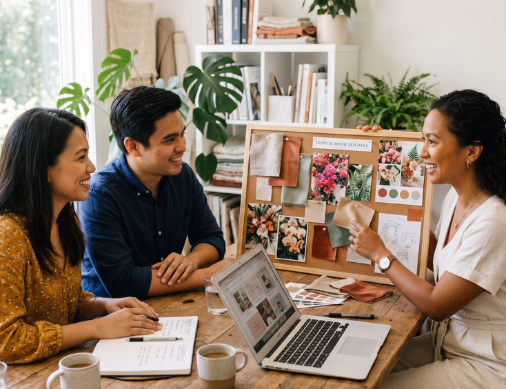 Filipino couple consulting with a Filipino female event stylist in a modern studio while reviewing a mood board with fabric samples, flower photos, and color swatches