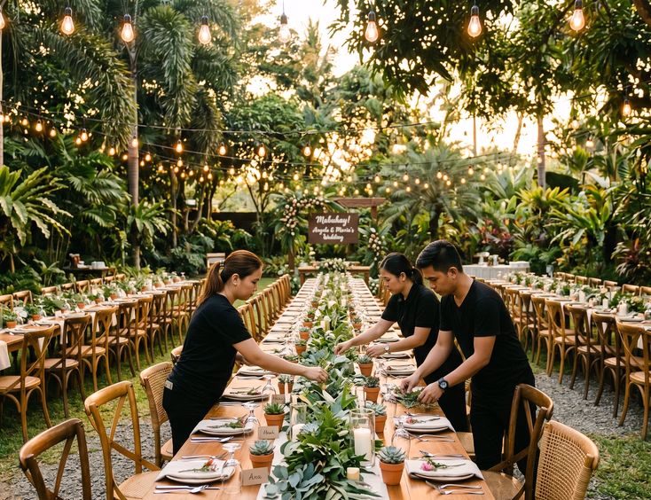 Wide shot of a rustic garden wedding reception in the Philippines with long wooden farm tables, greenery runners, Edison bulb string lights, and a Filipino styling crew arranging final details in golden hour light