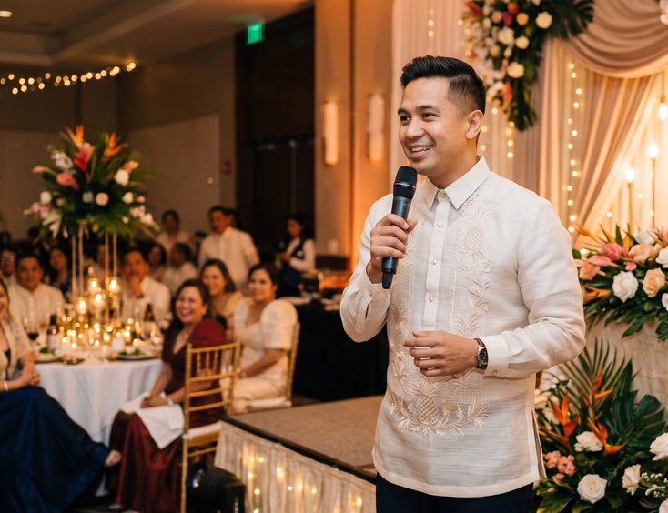 Filipino male wedding host in barong tagalog speaking into wireless microphone on decorated reception stage during candid mid-speech moment
