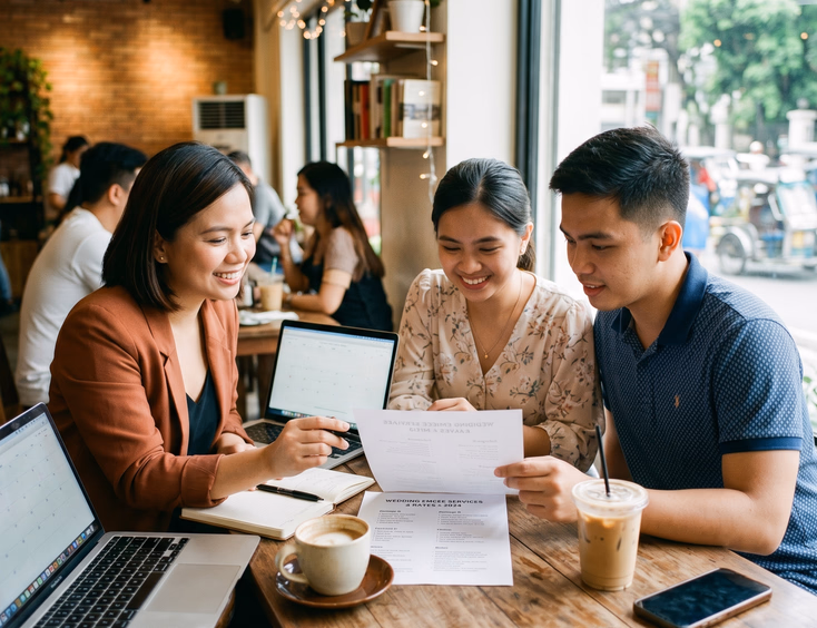 Filipino couple reviewing wedding emcee rate sheet with female host at Manila coffee shop with documents and laptop on table