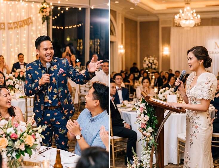 Split scene comparing Filipino male wedding host in printed suit entertaining guests and Filipina female host in terno dress speaking at formal ballroom reception