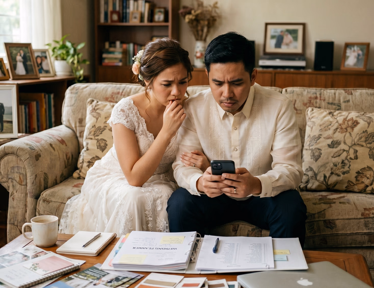 Filipino bride and groom looking frustrated at phone with unanswered messages surrounded by wedding planning materials on living room couch